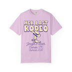 Lavender t-shirt with "HER LAST RODEO" text, cowboy boot, and event details.