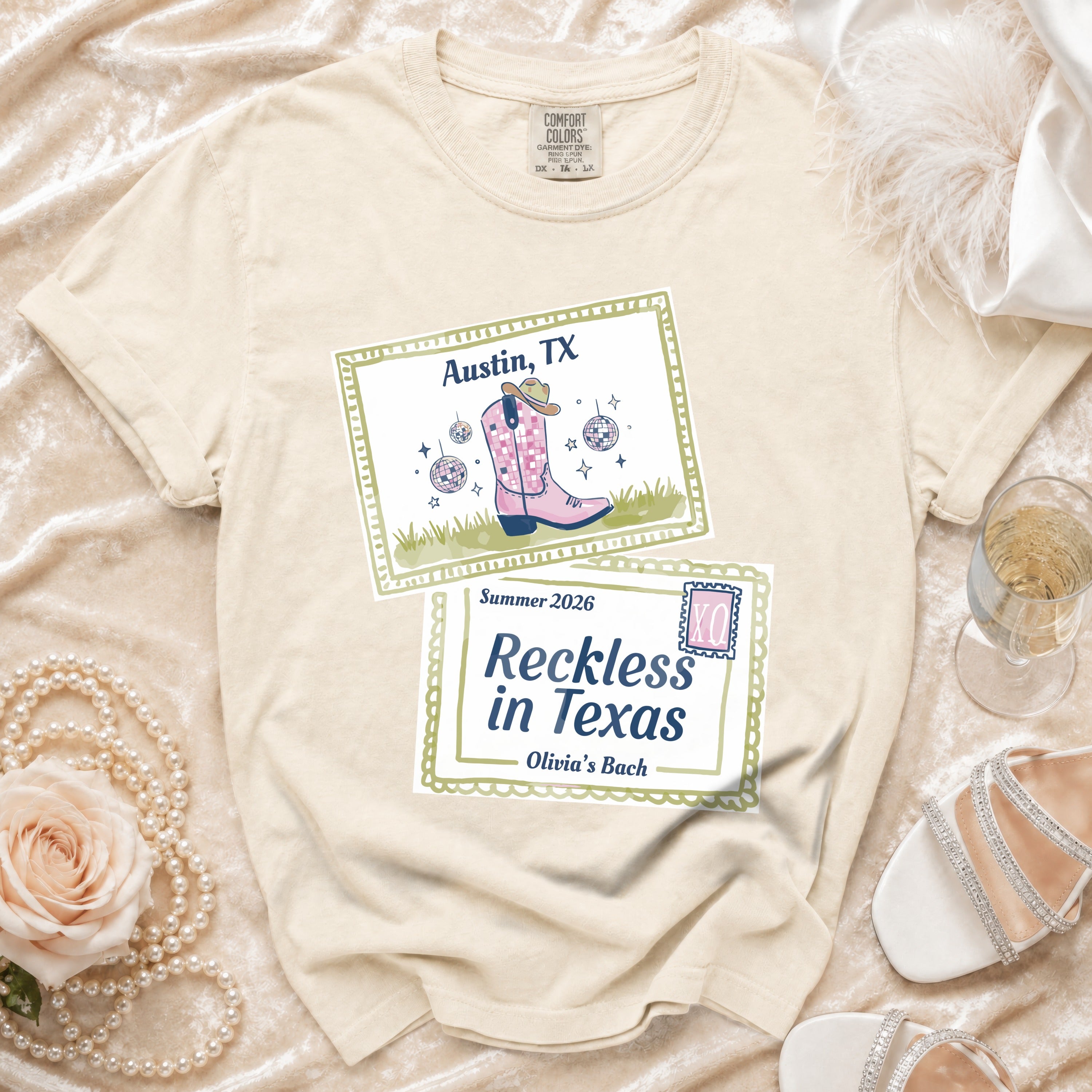 T-shirt with "Austin, TX" and "Reckless in Texas" text, featuring a cowboy boot.