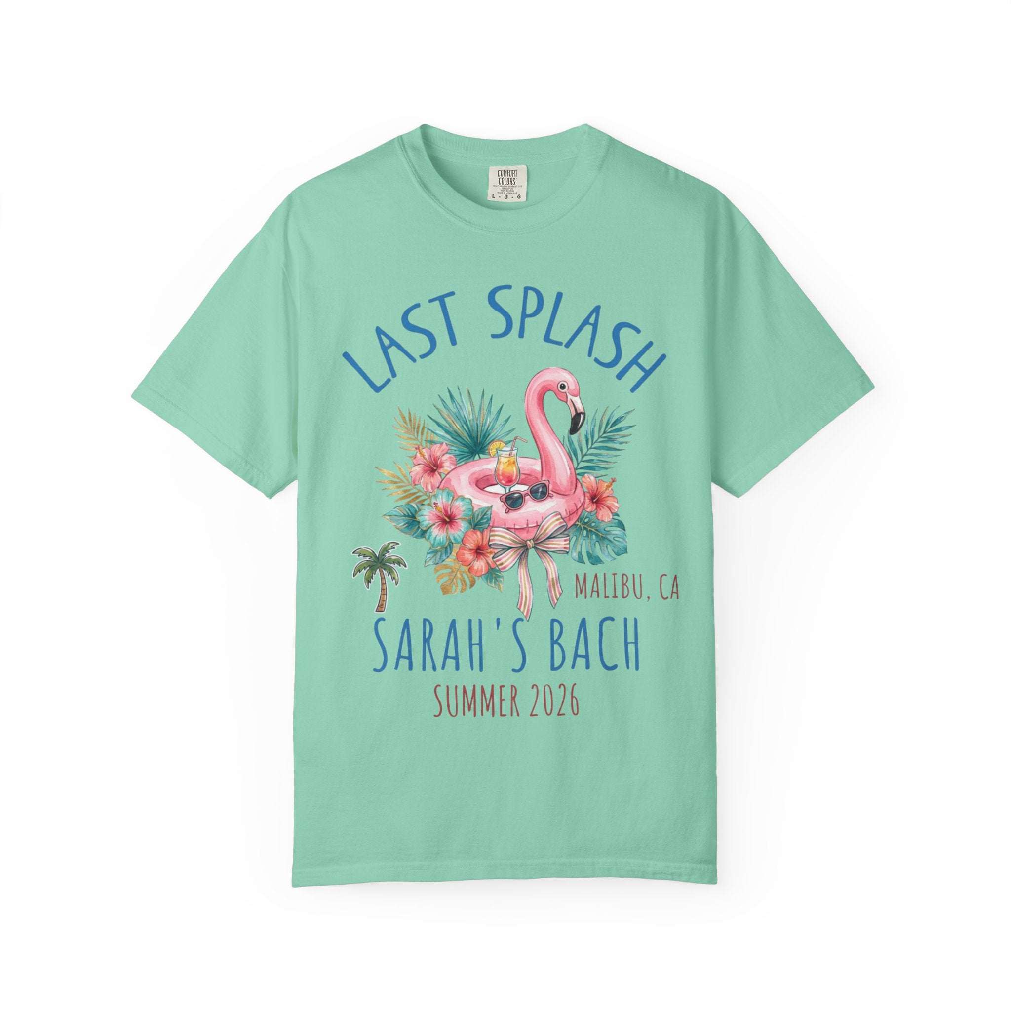 Mint t-shirt with "Last Splash" text, flamingo, palm trees, and flowers.