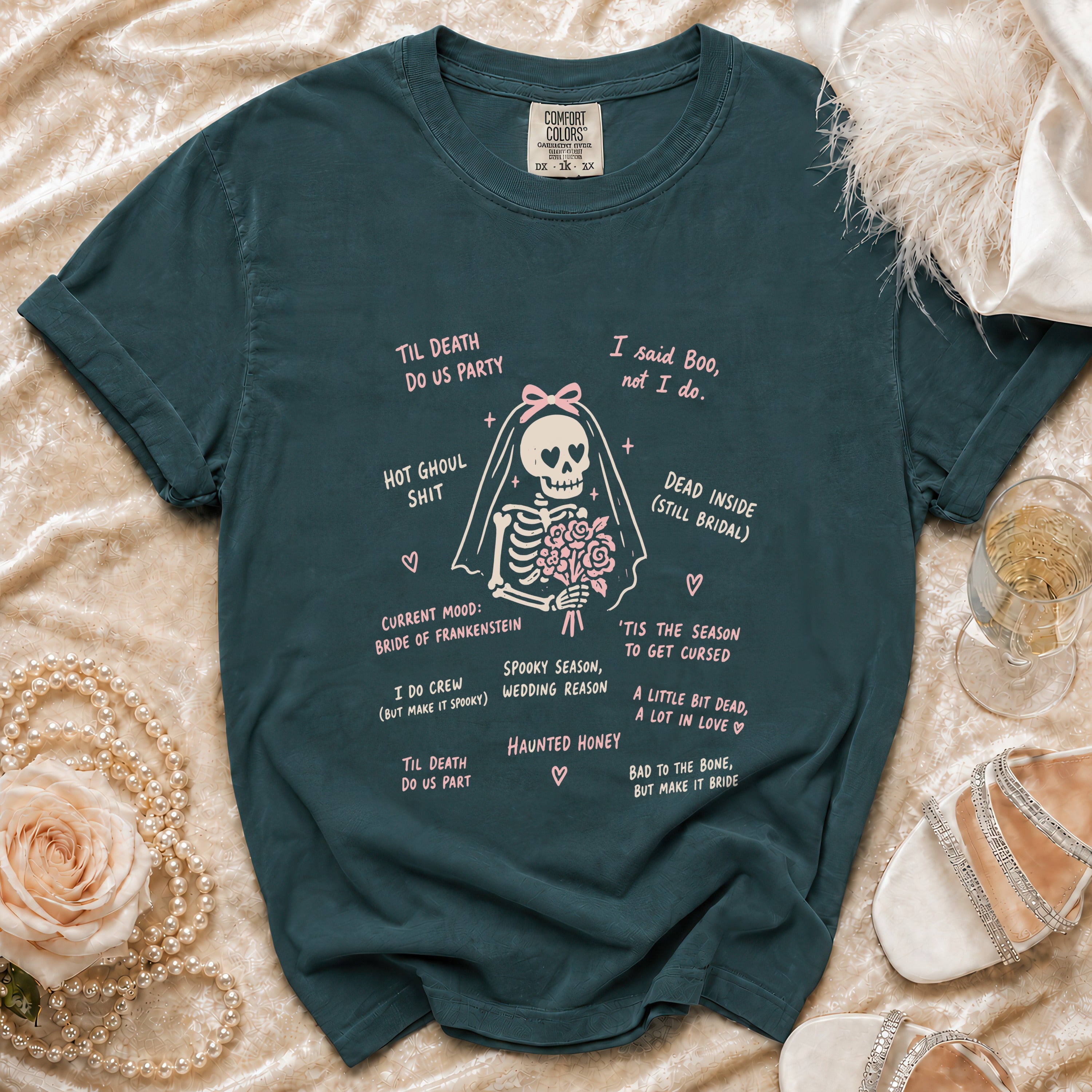Dark teal t-shirt with Bride of Frankenstein skeleton graphic and humorous Halloween wedding text.