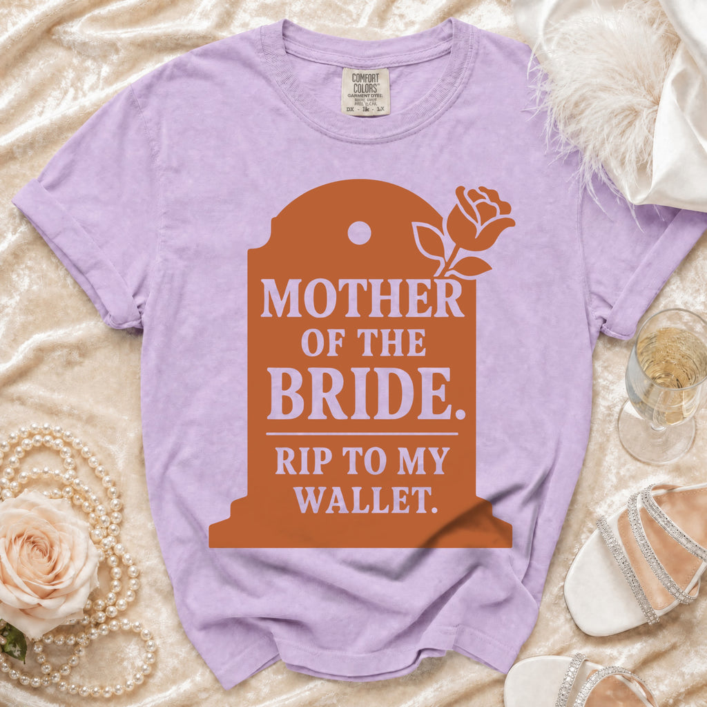 Purple t-shirt with "Mother of the Bride. Rip to my wallet." text in orange.