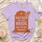 Purple t-shirt with "Mother of the Bride. Rip to my wallet." text in orange.