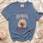 Blue t-shirt with "Bride Before Boos Babes Til Death" graphic and ghost bride design.