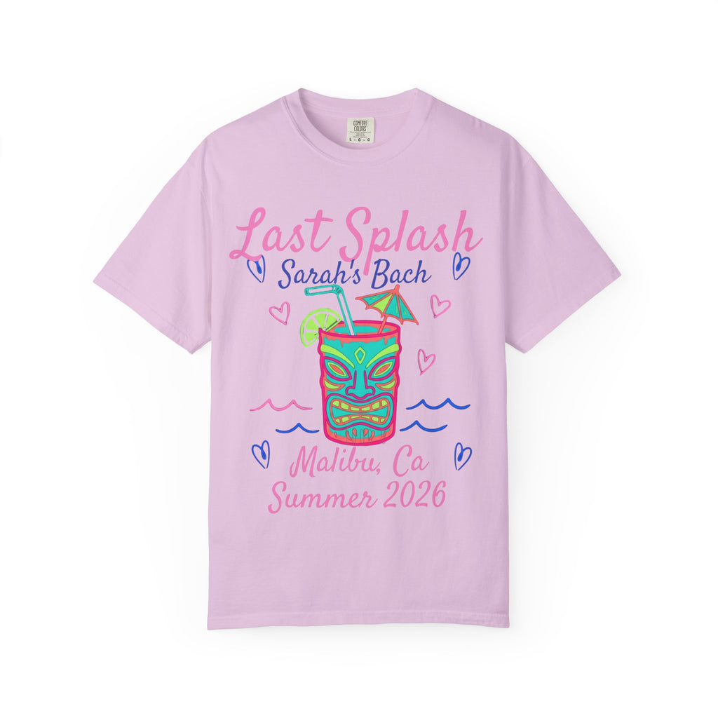 T-shirt with "Last Splash Sarah's Bach Malibu, Ca Summer 2026" and tiki graphic.
