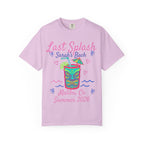T-shirt with "Last Splash Sarah's Bach Malibu, Ca Summer 2026" and tiki graphic.