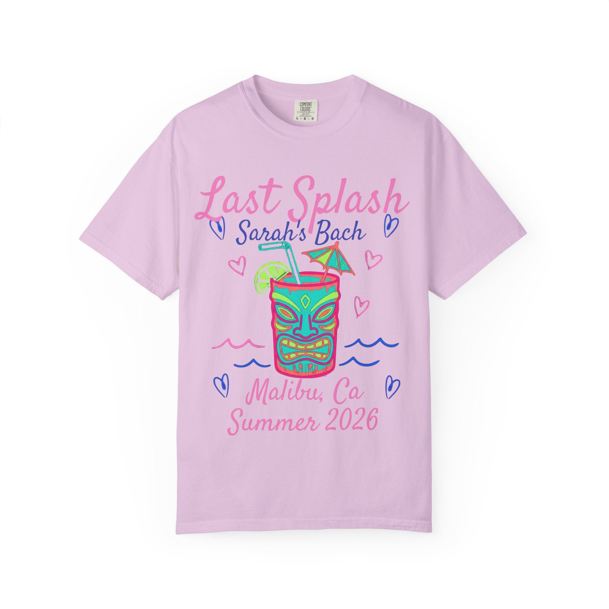 T-shirt with "Last Splash Sarah's Bach Malibu, Ca Summer 2026" and tiki graphic.