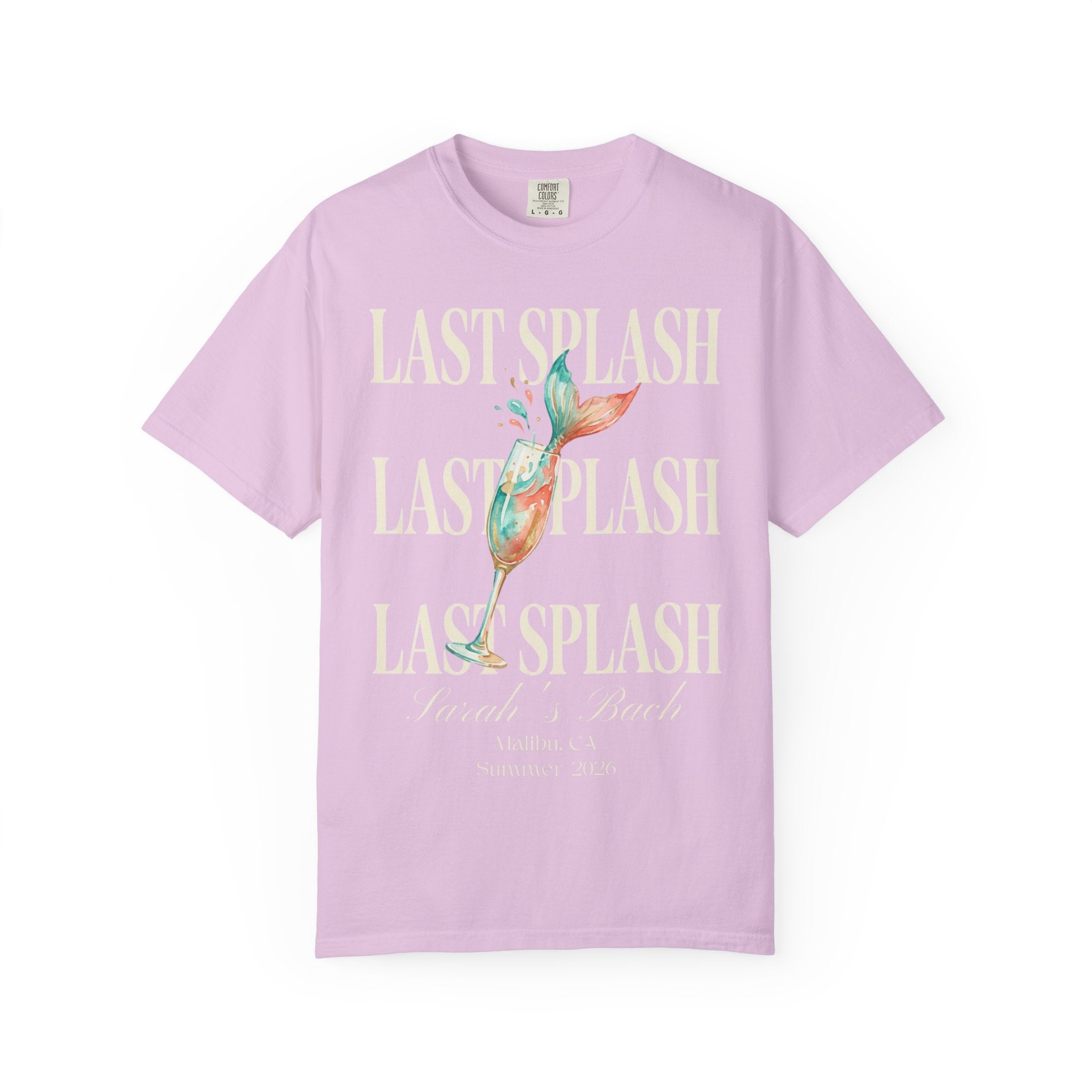 Light pink t-shirt with "LAST SPLASH" and "Sarah's Bach" text.