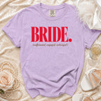 Lavender t-shirt with red text "BRIDE." and "(caffeinated, engaged, unhinged)".