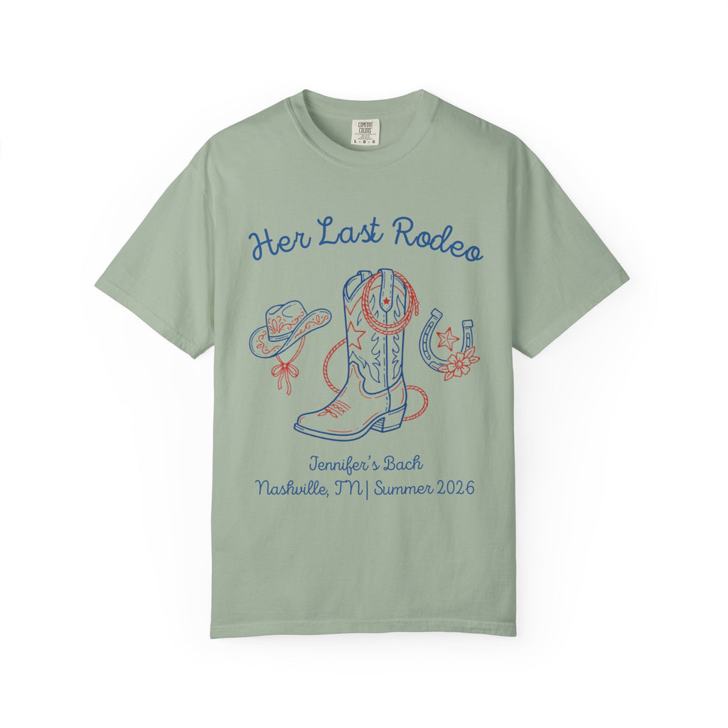 T-shirt with "Her Last Rodeo Jennifer's Bach Nashville, TN Summer 2026" and cowboy boot, hat, horseshoe.
