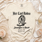 Cream t-shirt with "Her Last Rodeo" and cowboy boot graphic for Jennifer's Bach.