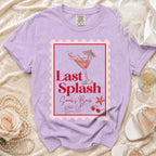 Purple t-shirt with "Last Splash Sarah's Bach Malibu, CA Summer 2026" in stamp design.