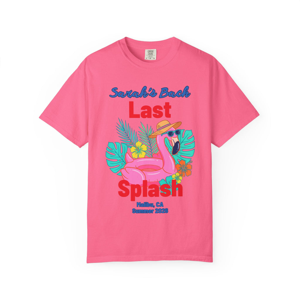 Pink t-shirt with "Sarah's Bach Last Splash" and flamingo graphic.