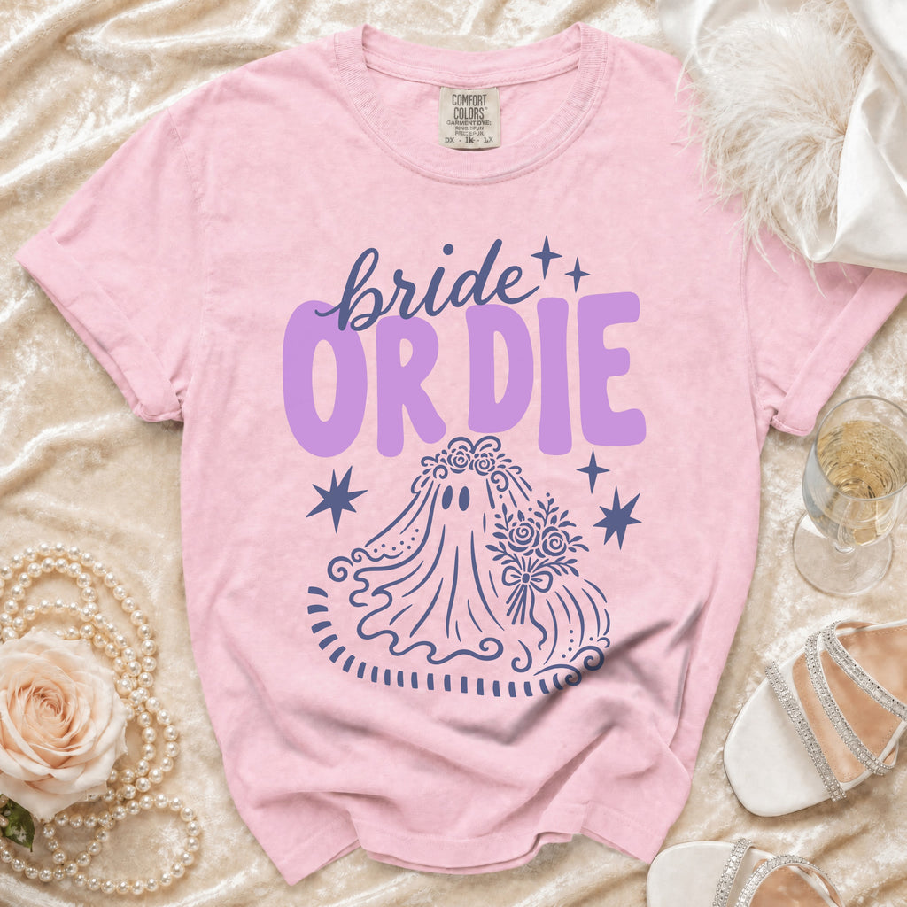 Pink t-shirt with "bride OR DIE" text and a ghost bride graphic.