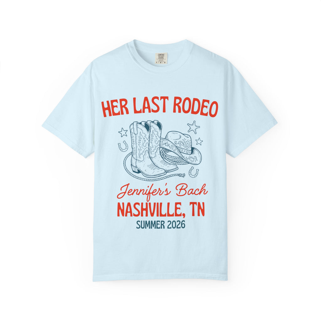 Light blue t-shirt with "Her Last Rodeo" and bachelorette details.