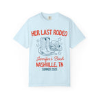 Light blue t-shirt with "Her Last Rodeo" and bachelorette details.