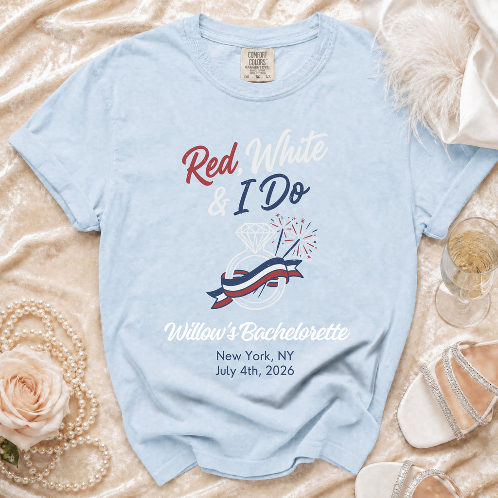 Light blue t-shirt with "Red White & I Do" and bachelorette details.