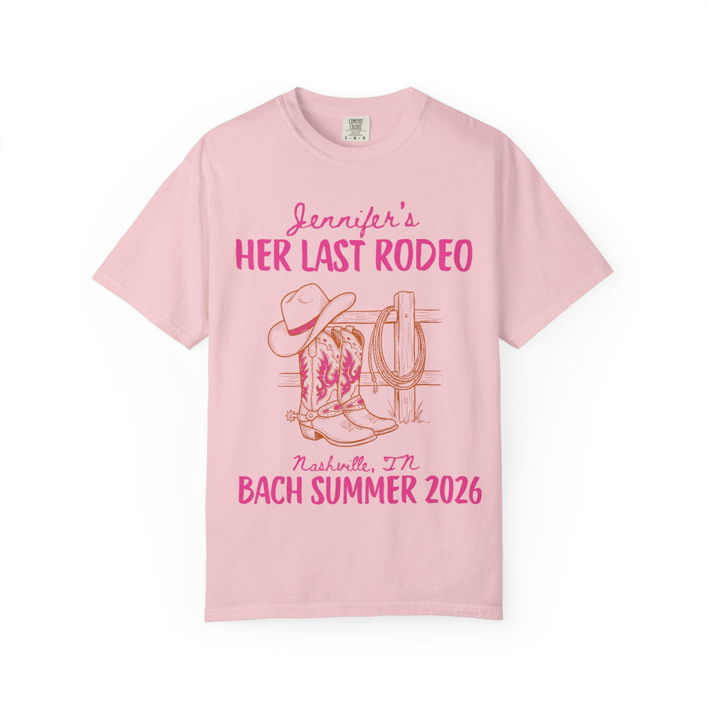 Pink t-shirt with "Jennifer's Her Last Rodeo Nashville Summer 2026" and cowboy boots/hat graphic.