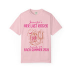 Pink t-shirt with "Jennifer's Her Last Rodeo Nashville Summer 2026" and cowboy boots/hat graphic.