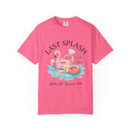 Pink t-shirt with "Last Splash" design, flamingo, ring, and text.