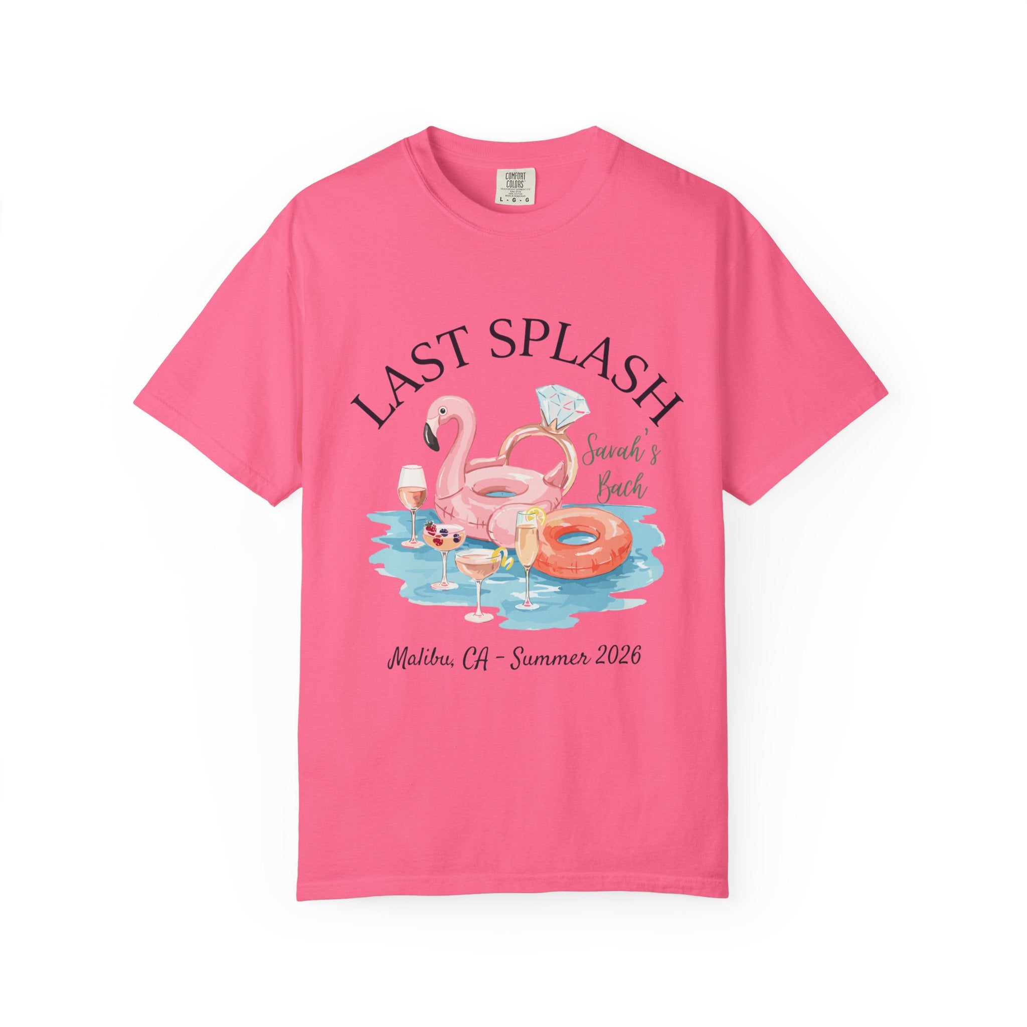 Pink t-shirt with "Last Splash" design, flamingo, ring, and text.