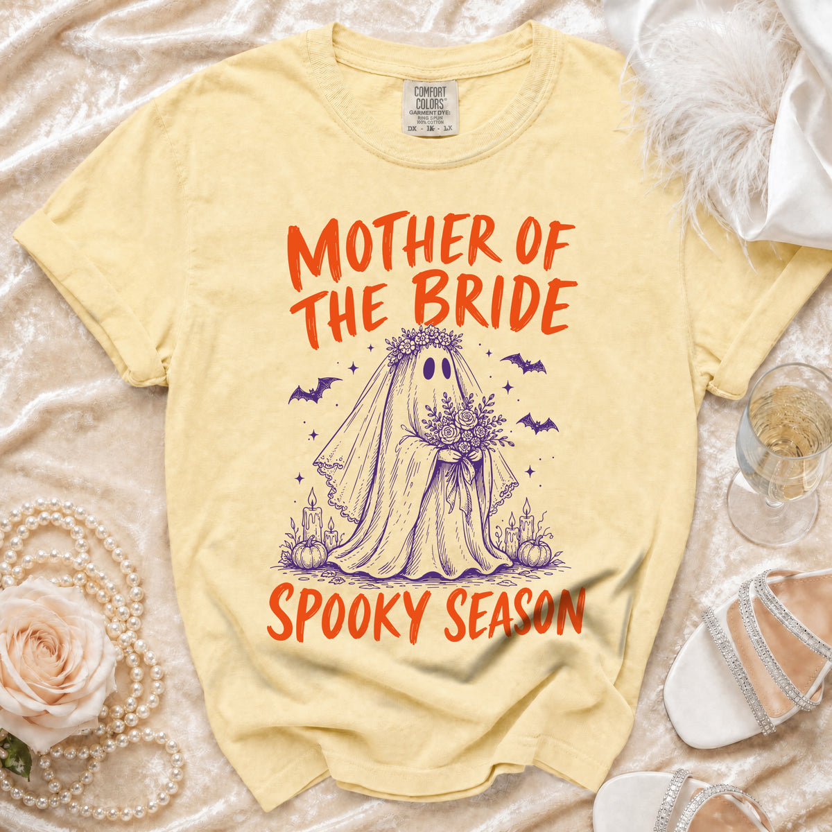 Yellow t-shirt with "Mother of the Bride Spooky Season" text and a ghost bride graphic.