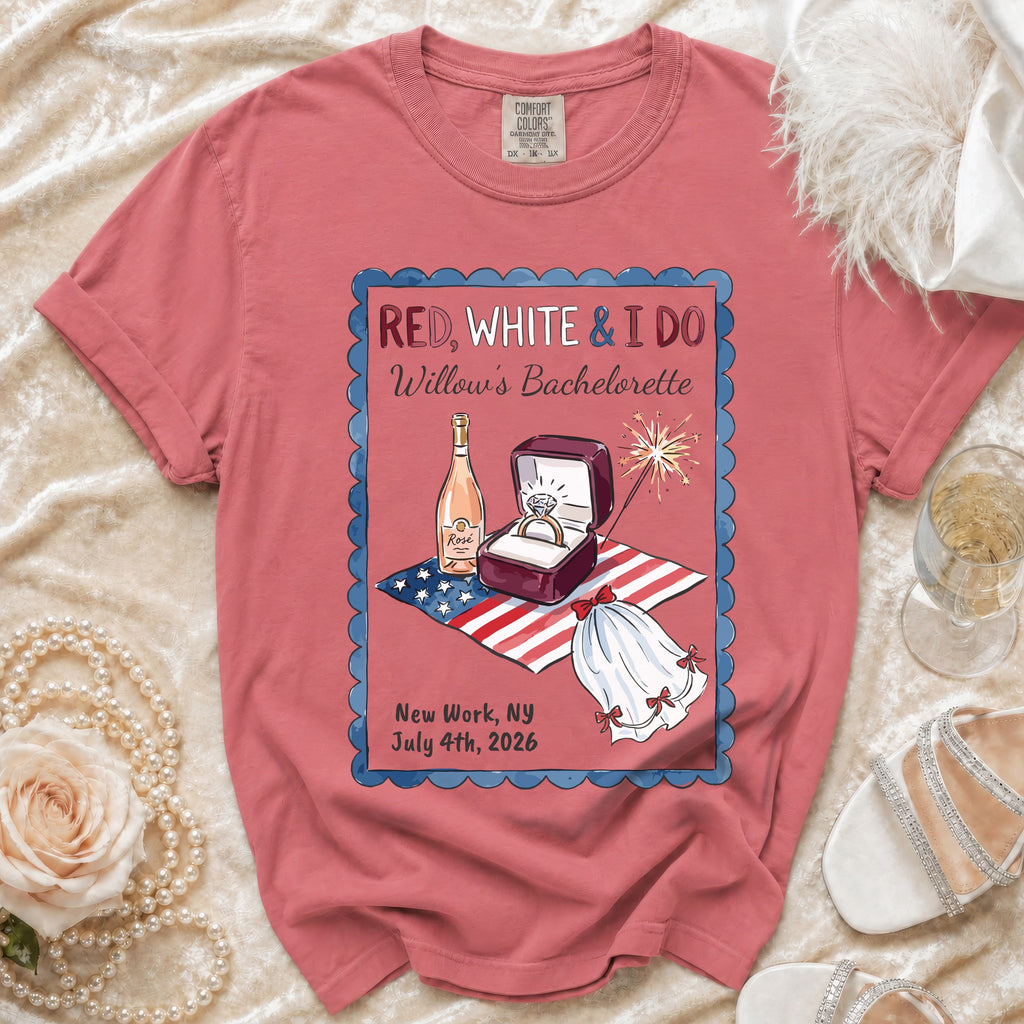 "Red, White & I Do" bachelorette t-shirt with ring, flag, champagne, and fireworks.
