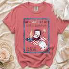 "Red, White & I Do" bachelorette t-shirt with ring, flag, champagne, and fireworks.