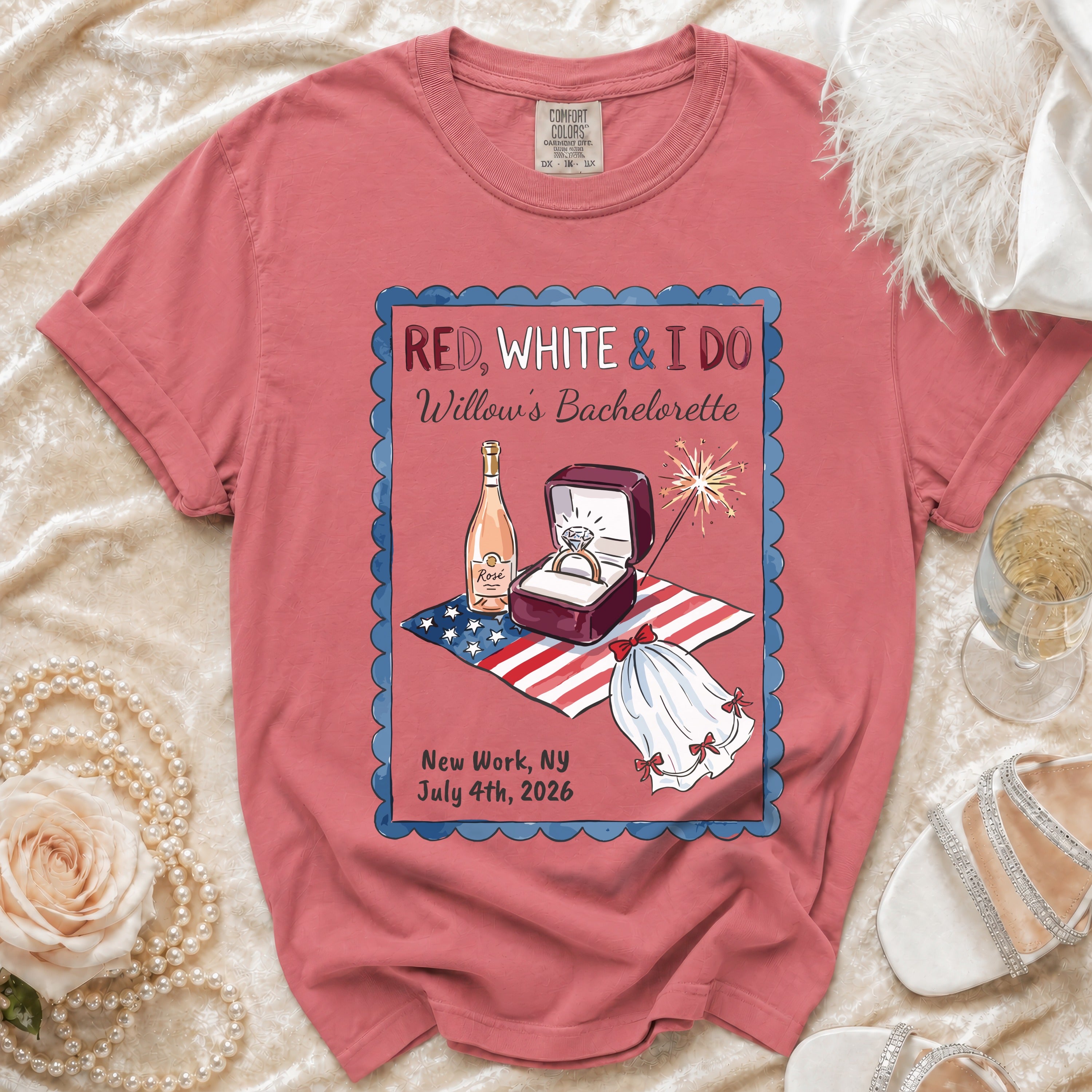 "Red, White & I Do" bachelorette t-shirt with ring, flag, champagne, and fireworks.