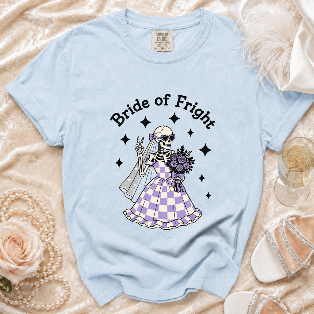 Light blue Comfort Colors t-shirt with "Bride of Fright" and skeleton bride graphic.