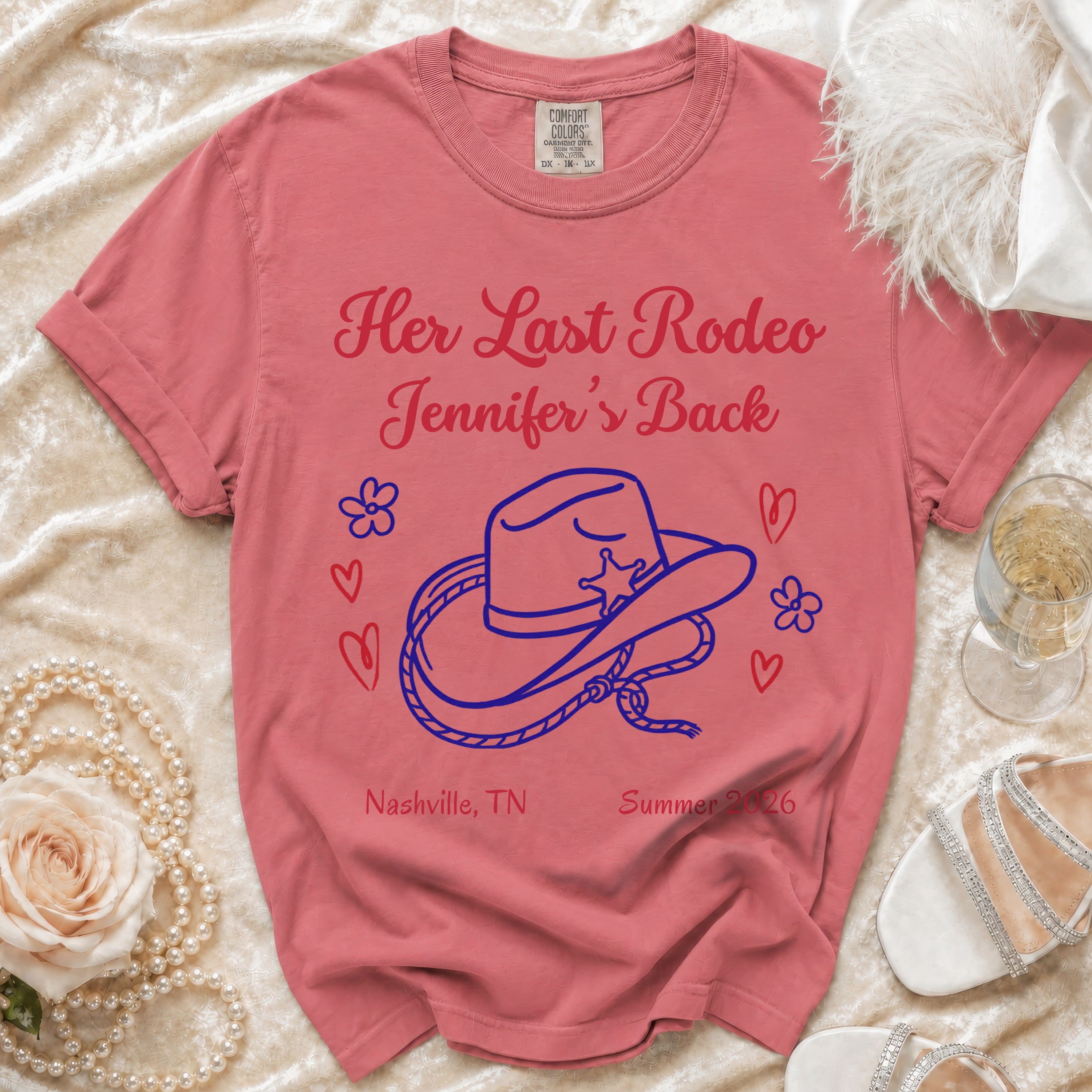 Her Last Rodeo Jennifer's Back t-shirt with cowboy hat and heart graphics.