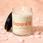 "Engaged AF" candle with "notes of champagne, chaos and a very long planning board" text.