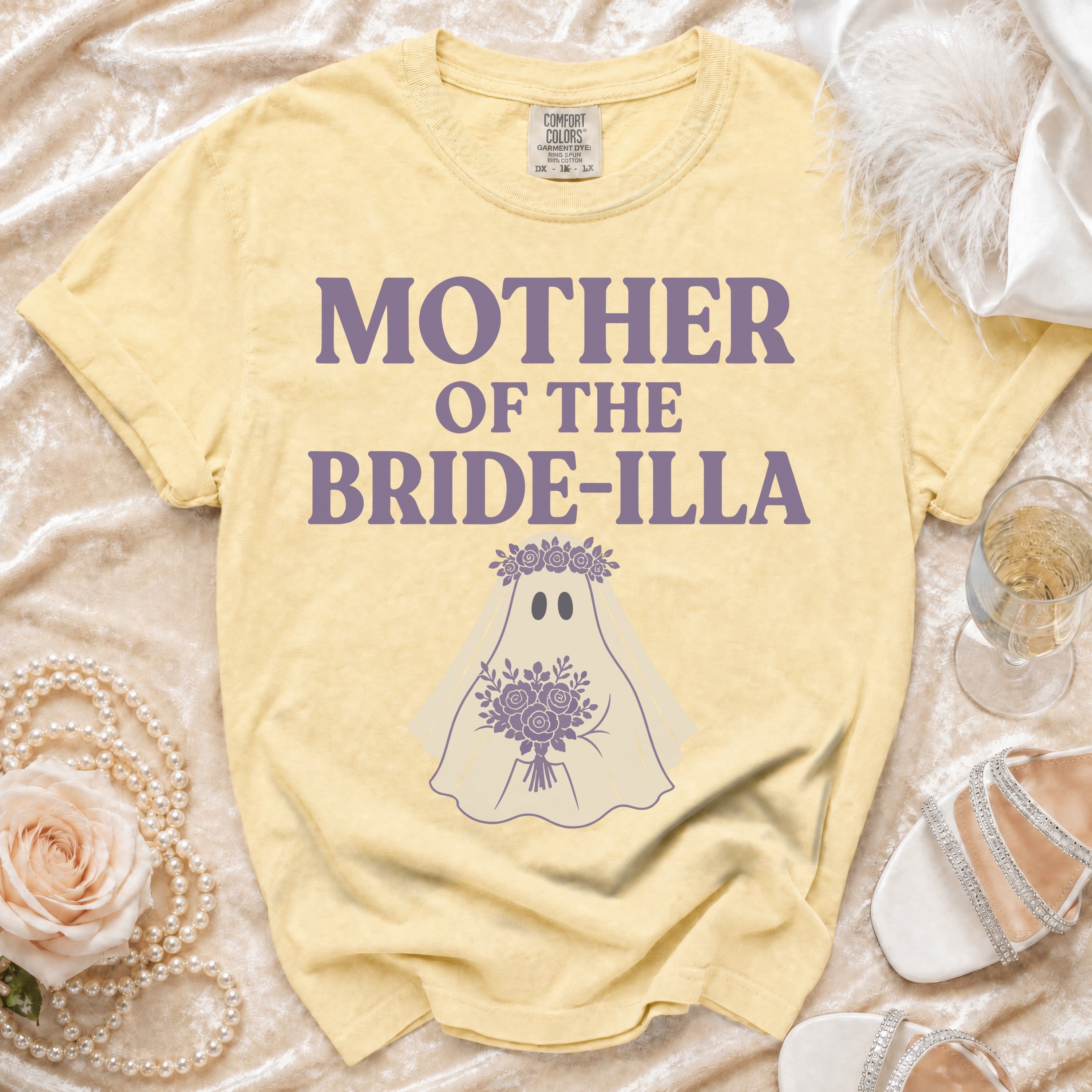 Yellow t-shirt with "MOTHER OF THE BRIDE-ILLA" text and ghost bride graphic.