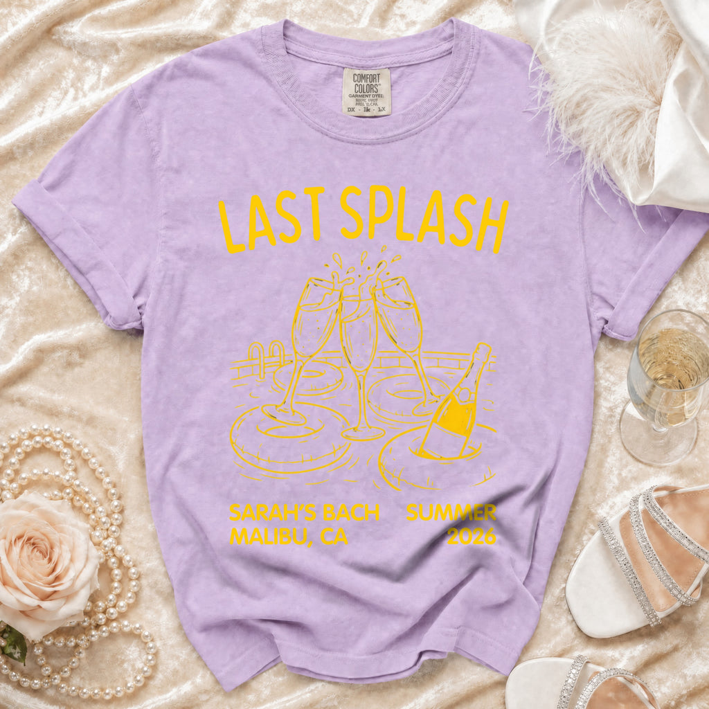 Yellow text on lavender shirt: Last Splash, Sarah's Bach, Malibu CA, Summer 2020.