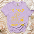 Yellow text on lavender shirt: Last Splash, Sarah's Bach, Malibu CA, Summer 2020.