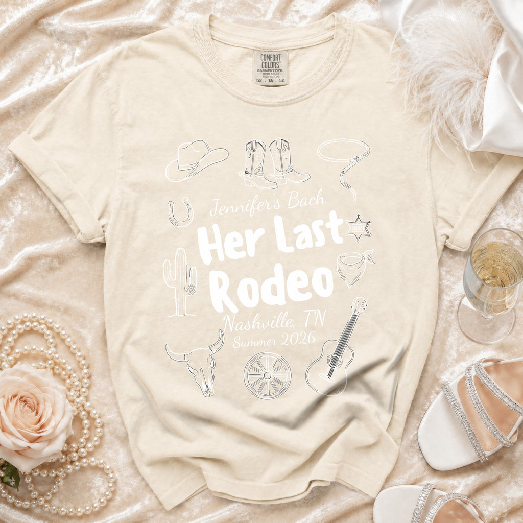 Cream t-shirt with "Jennifer's Bach Her Last Rodeo Nashville, TN Summer 2026" and Western graphics.