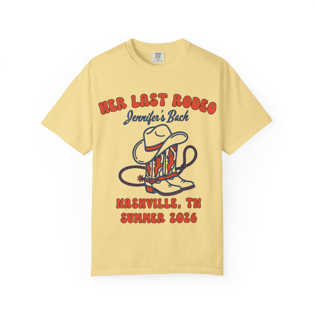 Yellow t-shirt with "Her Last Rodeo" and "Jennifer's Back" cowboy boot graphic.