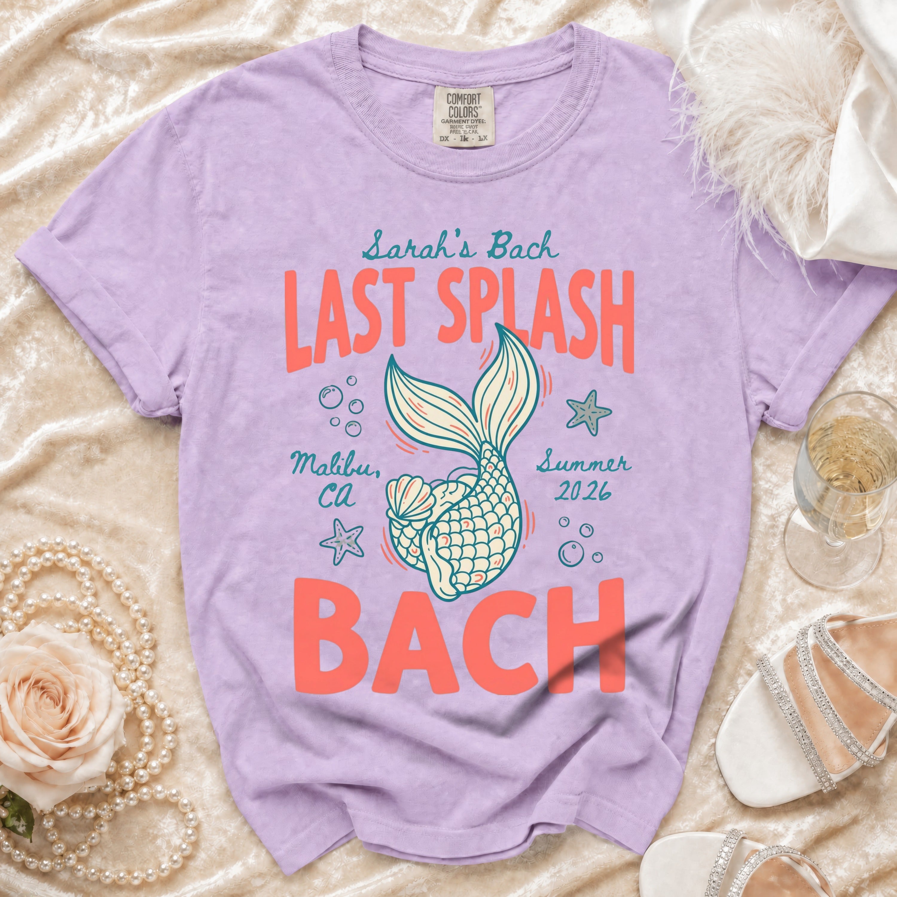 Purple t-shirt with "Sarah's Bach Last Splash Malibu, CA Summer 2026" and a mermaid tail.