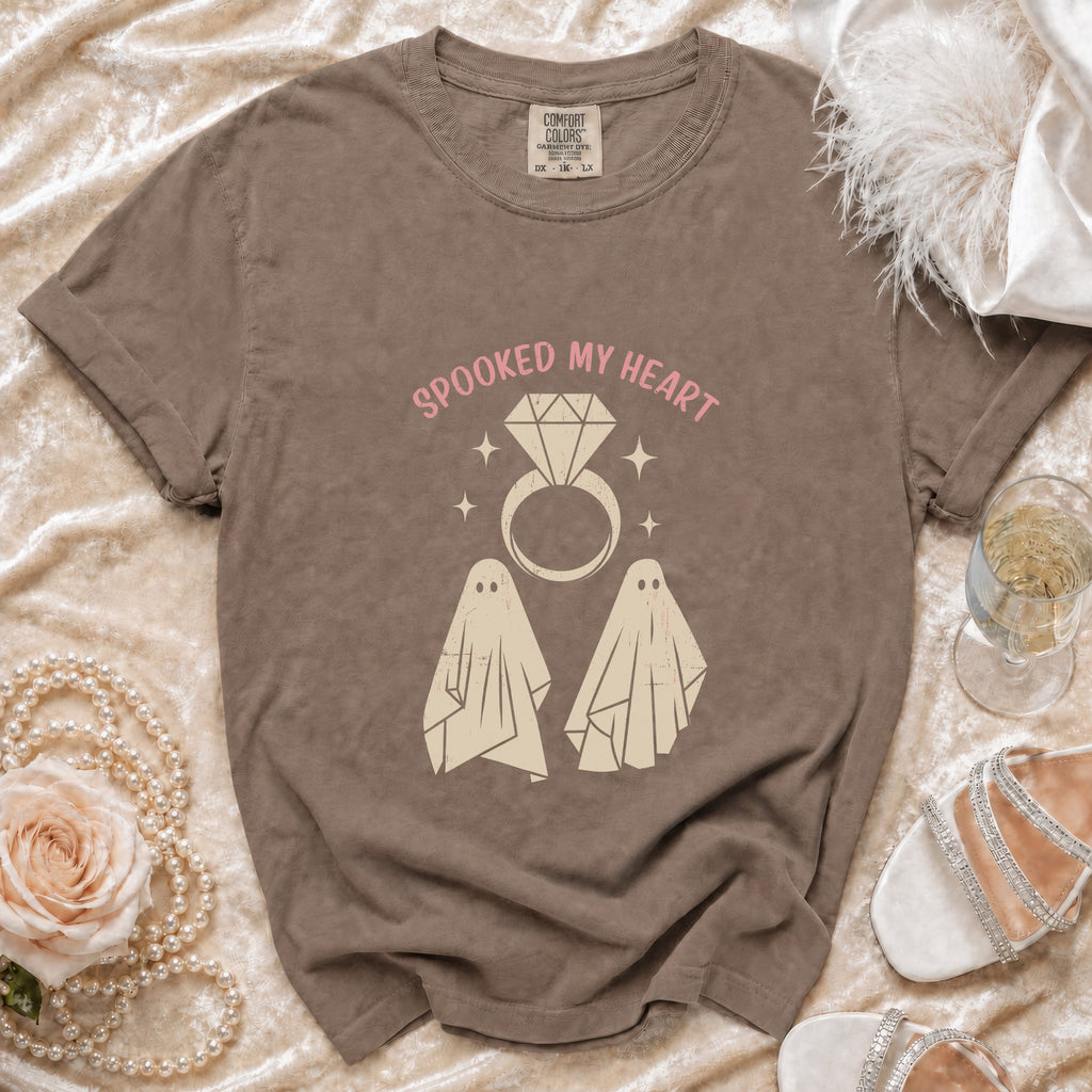 Brown t-shirt with "Spooked My Heart" text, diamond ring, and ghosts graphic.
