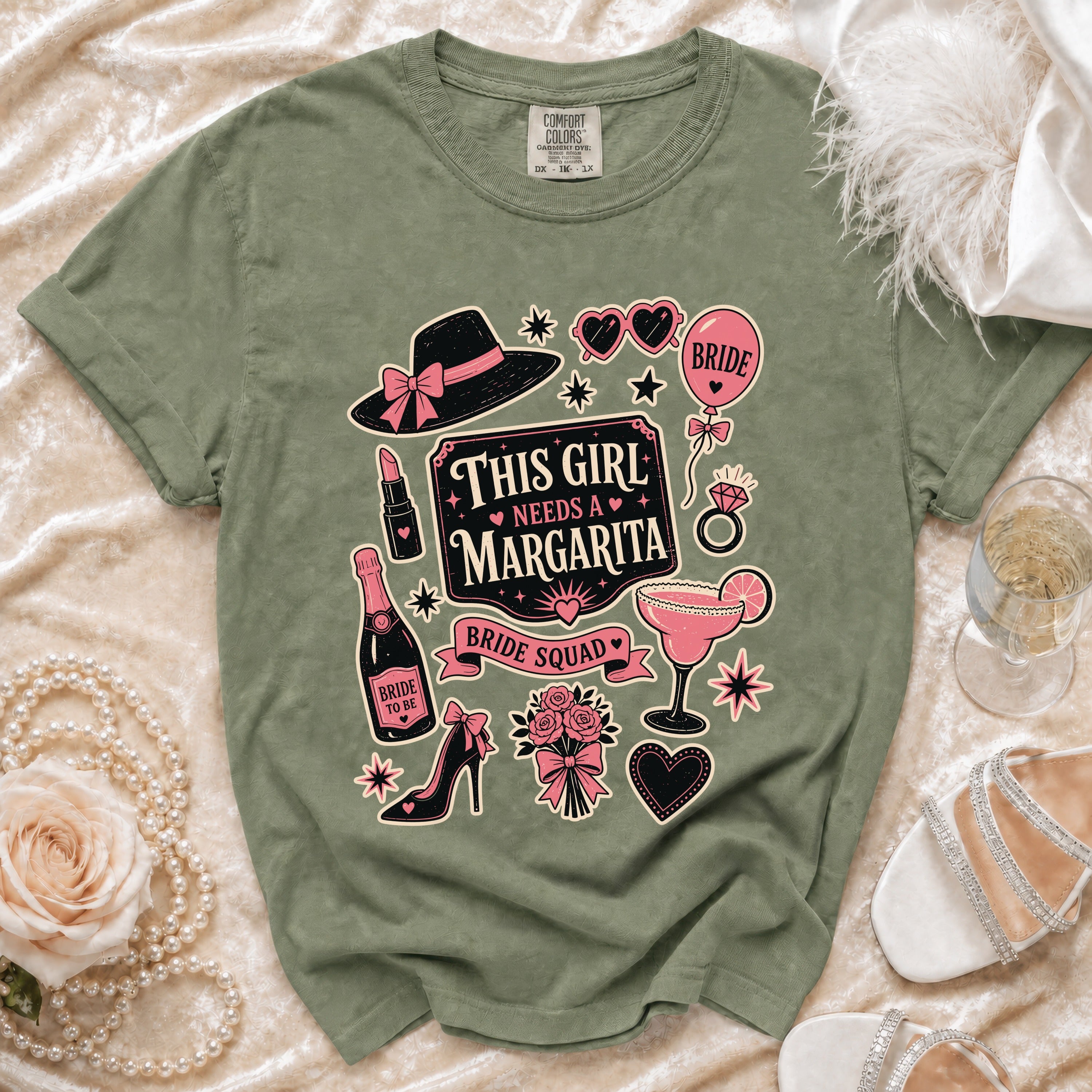 Green t-shirt with "This Girl Needs a Margarita Bride Squad" graphic.