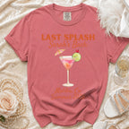 Coral t-shirt with "Last Splash Sarah's Bach Malibu, Ca Summer 2020" graphic.