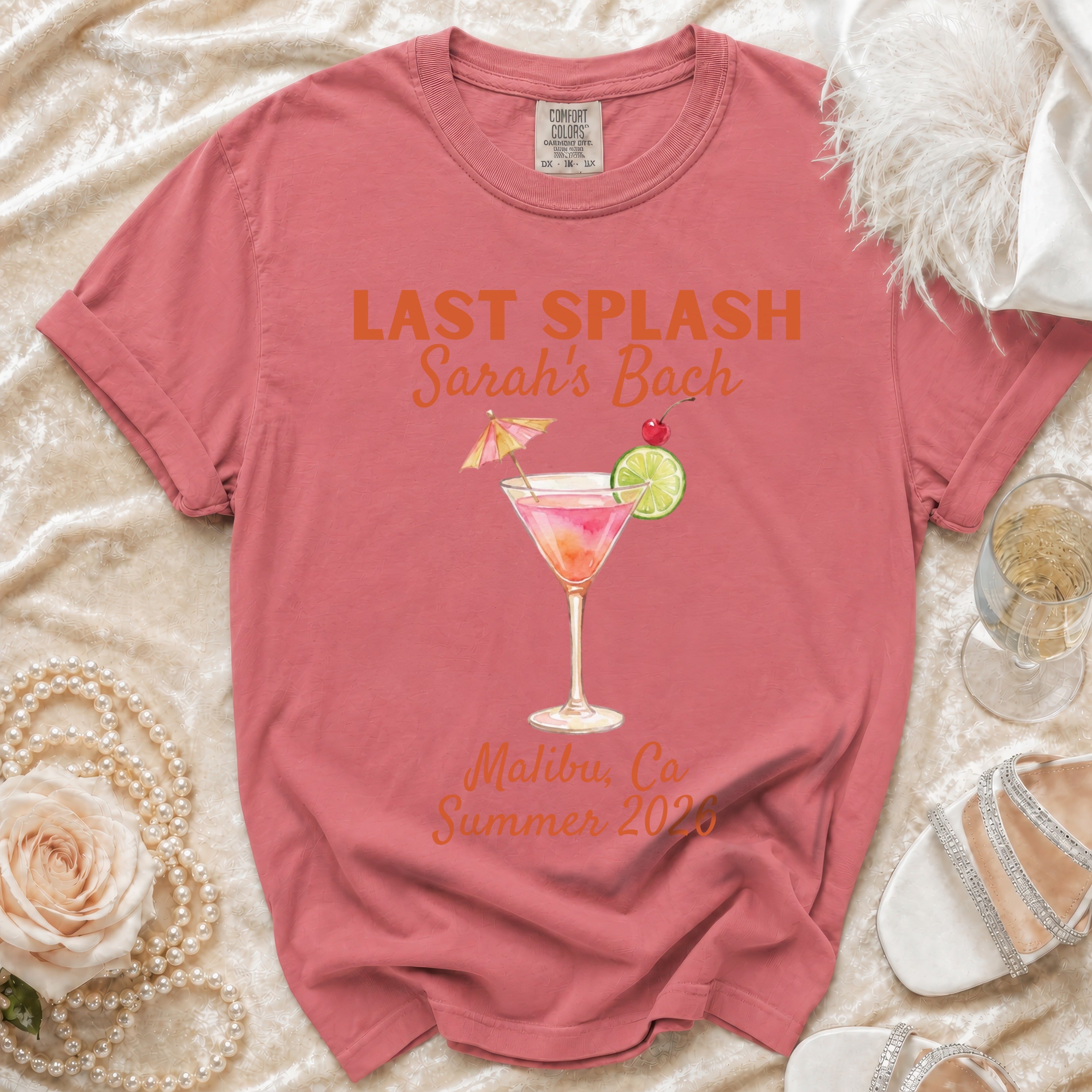 Coral t-shirt with "Last Splash Sarah's Bach Malibu, Ca Summer 2020" graphic.