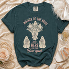 T-shirt with "Mother of the Bride Just Here for the Boo-quet" and ghost graphics.