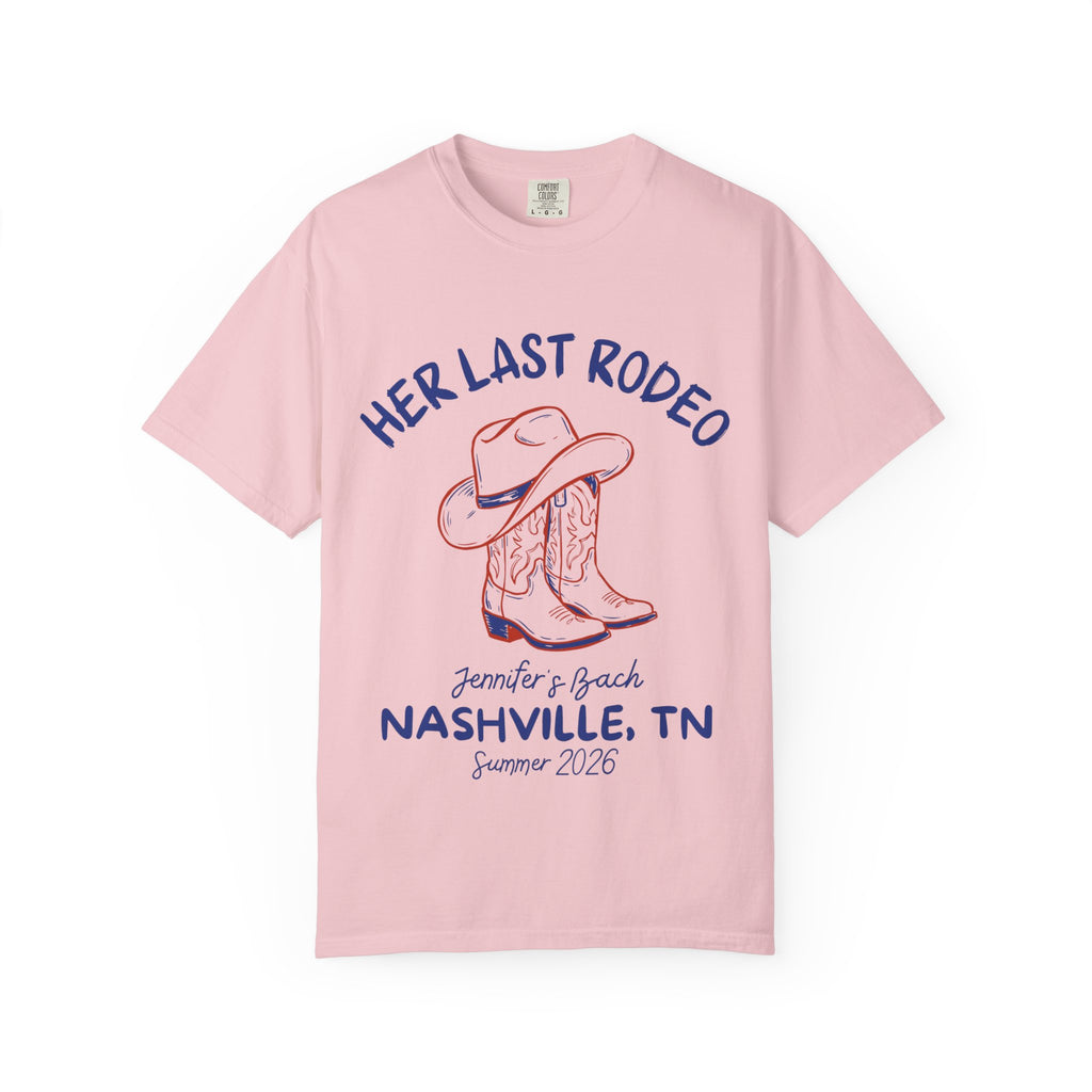 Pink t-shirt with cowboy boots and "Her Last Rodeo" text for a bachelorette party.