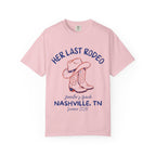 Pink t-shirt with cowboy boots and "Her Last Rodeo" text for a bachelorette party.