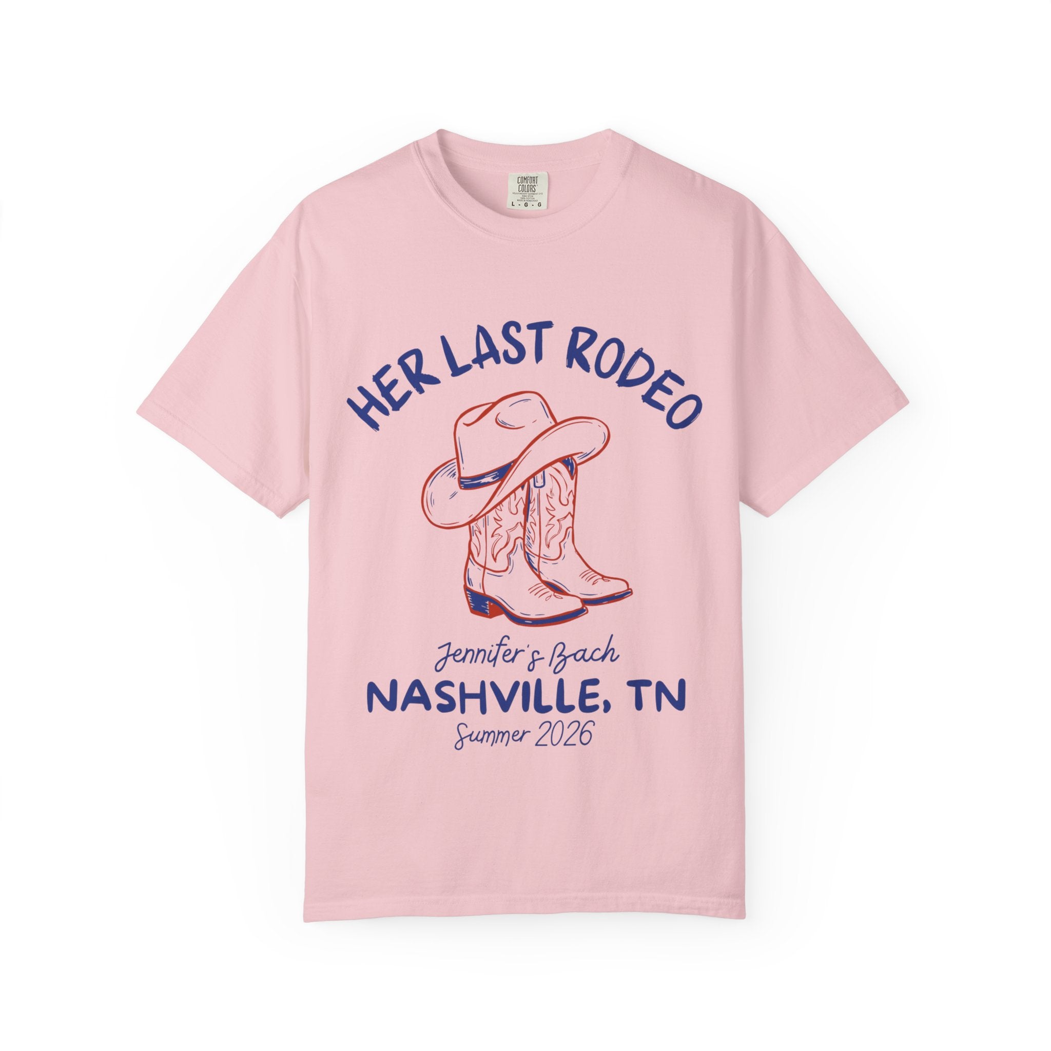 Pink t-shirt with cowboy boots and "Her Last Rodeo" text for a bachelorette party.