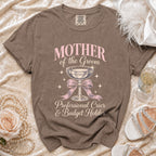 Brown t-shirt with "Mother of the Groom Professional Crier & Budget Holder" text.