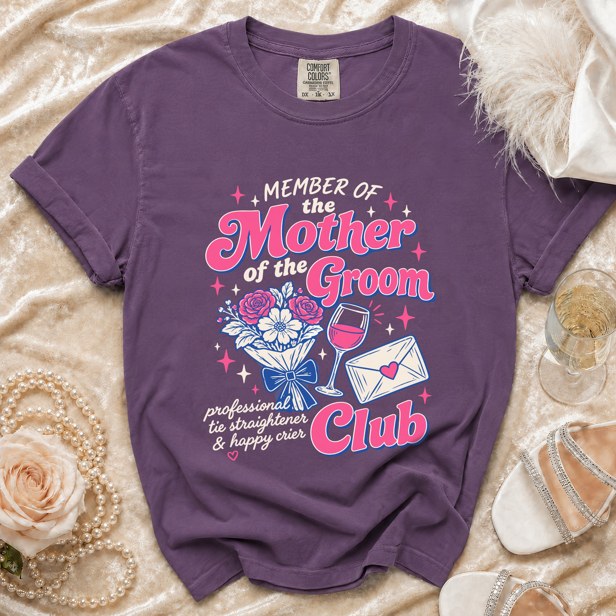 Purple t-shirt with "Member of the Mother of the Groom Club" graphic.