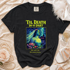 Black t-shirt with 'Til Death Do Us Part design featuring a ghoulish bride.