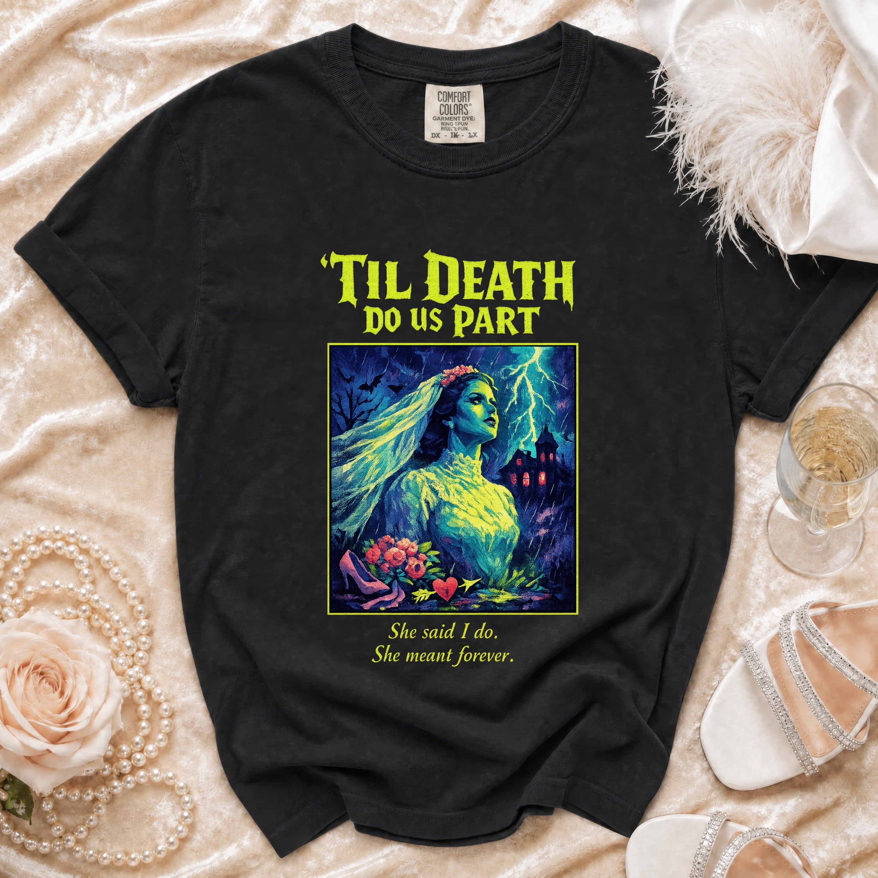 Black t-shirt with 'Til Death Do Us Part design featuring a ghoulish bride.