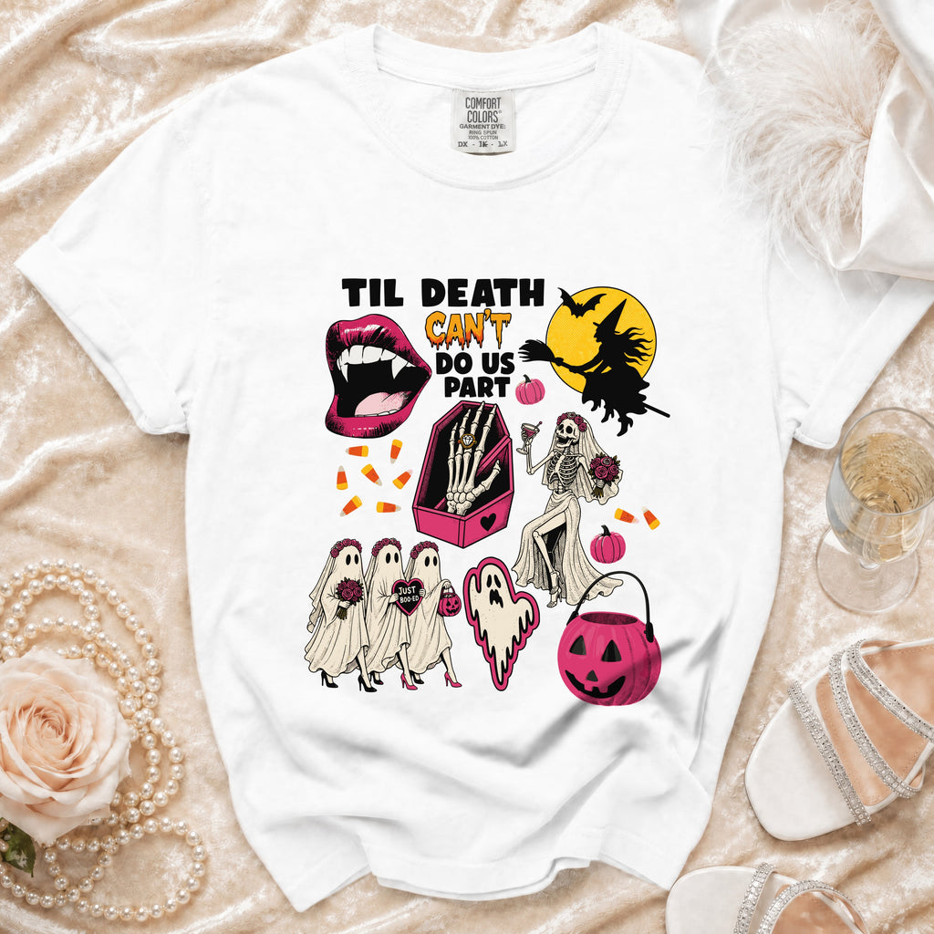 White t-shirt with Halloween graphics: "Til Death Can't Do Us Part" text, vampire lips, skeleton bride, ghosts, and pumpkin.
